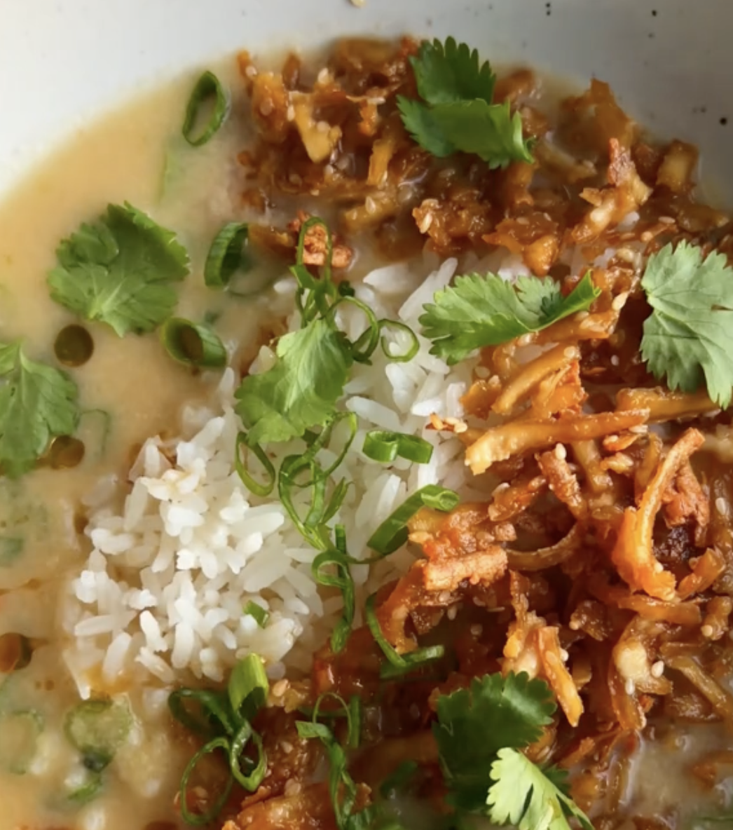 Ginger Miso Brothy Soup with Crispy Shredded Sesame Tofu